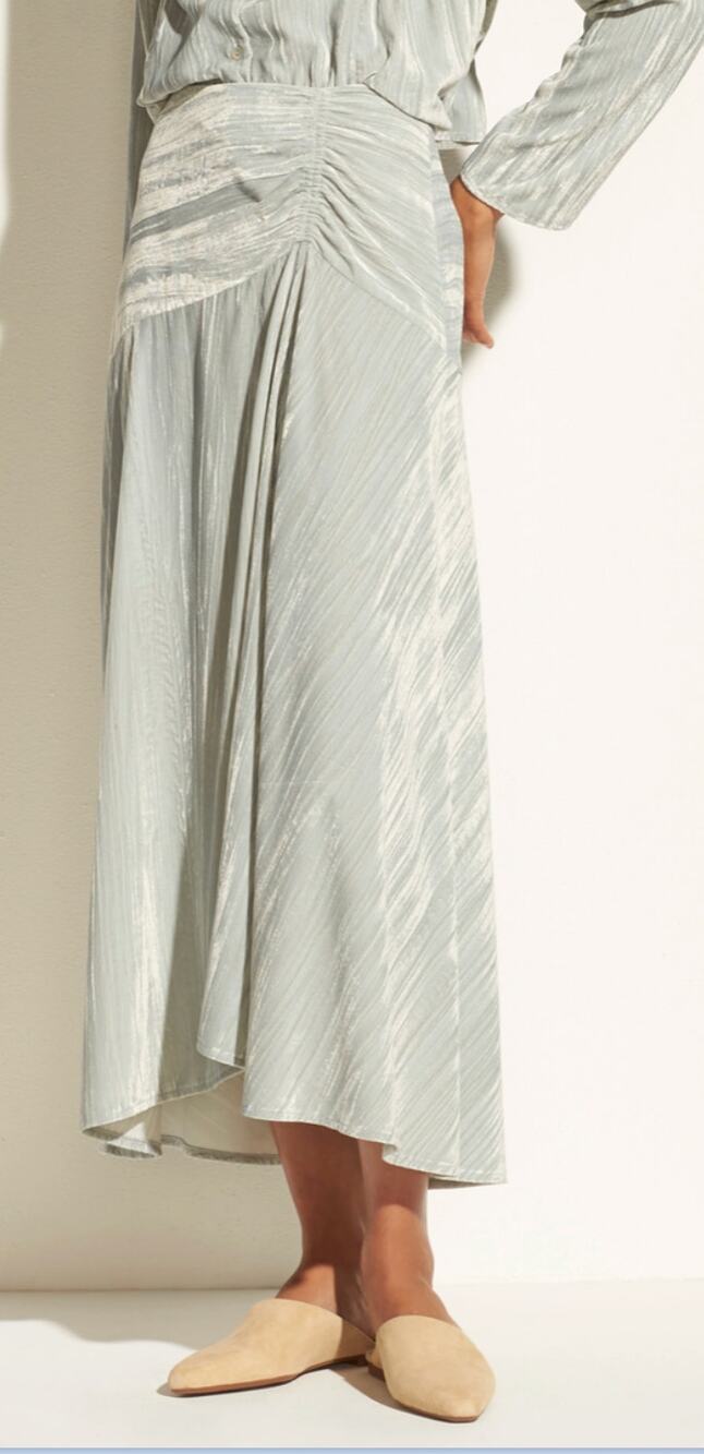 VINCE Ruched Front Asymmetric Metallic Velvet A-Line Midi Skirt Pale Sea Glass 0